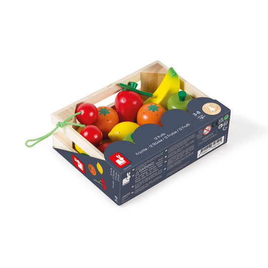 CAGETTE DE FRUITS EN BOIS, 12 PIÈCES 🔶