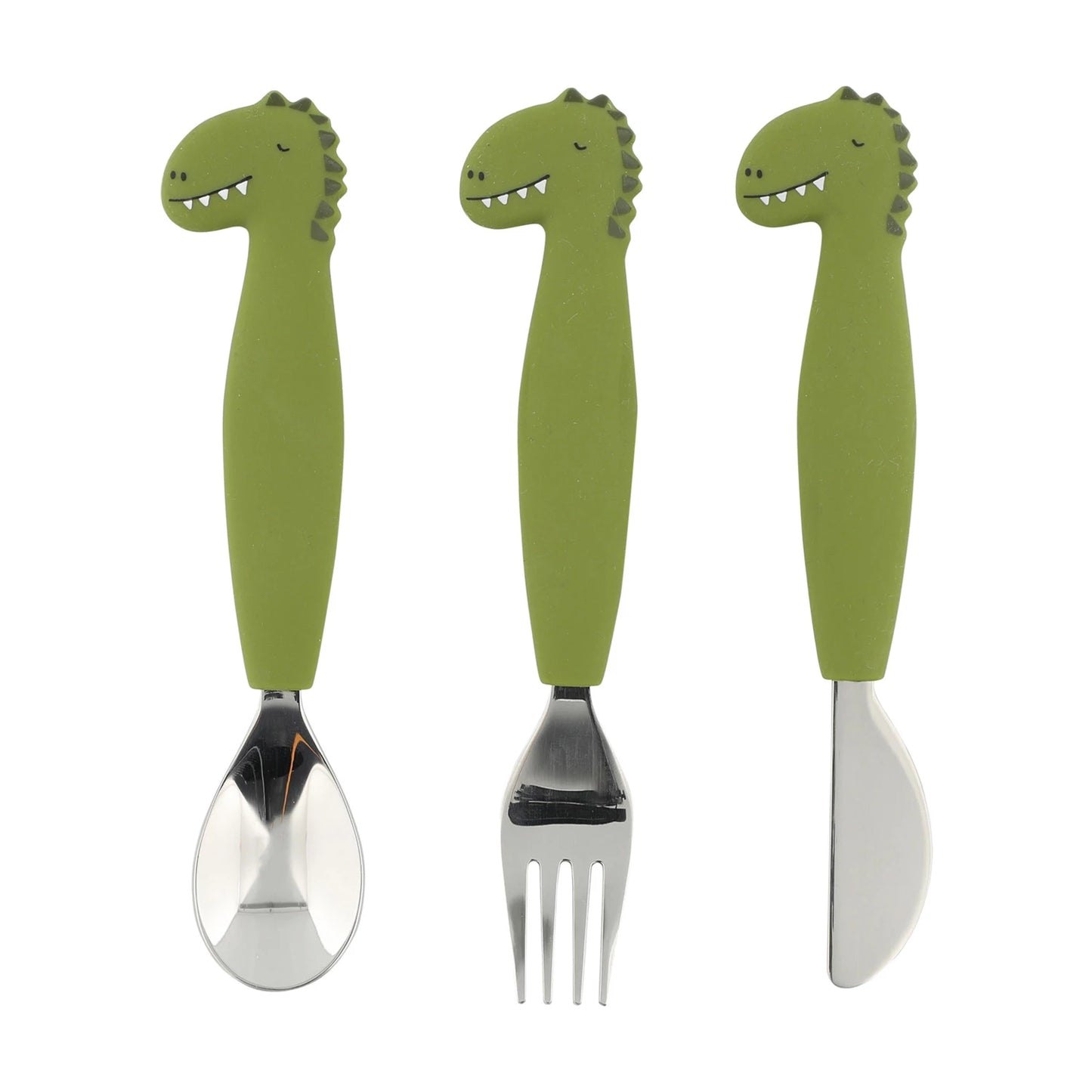 KINDERBESTECKKOMBINATION MIT SILIKONGRIFF, 3-TEILIGES DINOSAURIER-SET