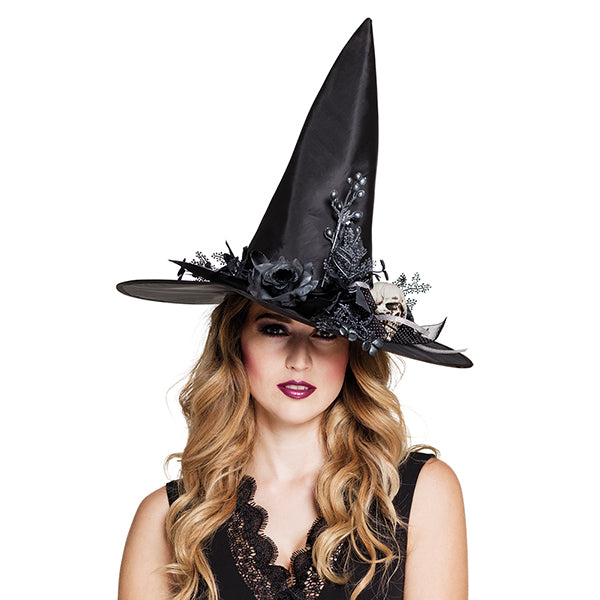 CHAPEAU DE SORCIÈRE NOIR AVEC TÊTE DE MORT 🔶