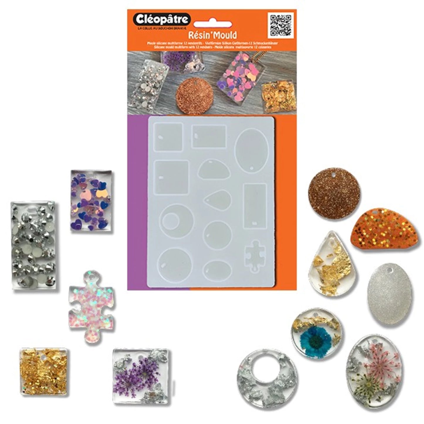 MOULE EN RÉSINE SILICONE TRANSPARENT POUR 12 PETITS OBJETS DIFFÉRENTS