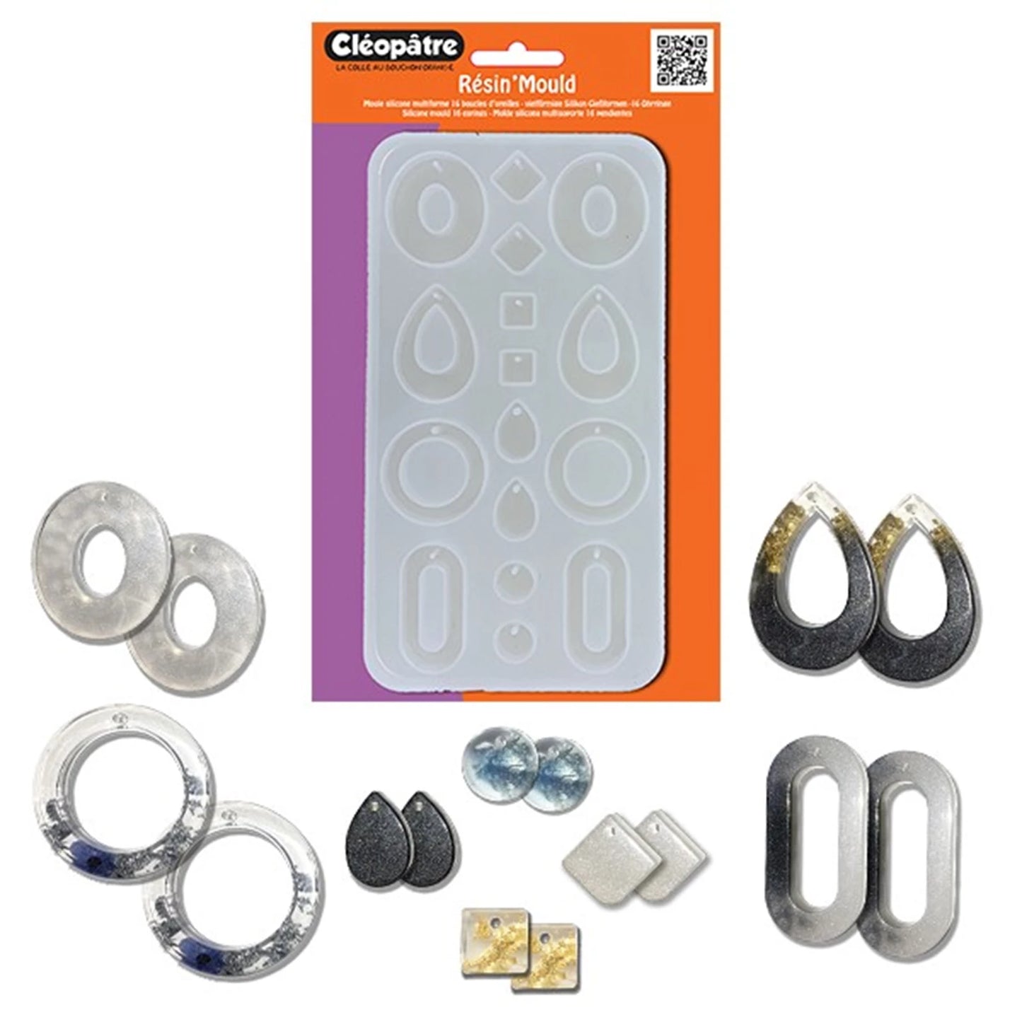 MOULE EN SILICONE RÉSINE TRANSPARENT POUR 16 BOUCLES D'OREILLES (8 PAIRES) 2