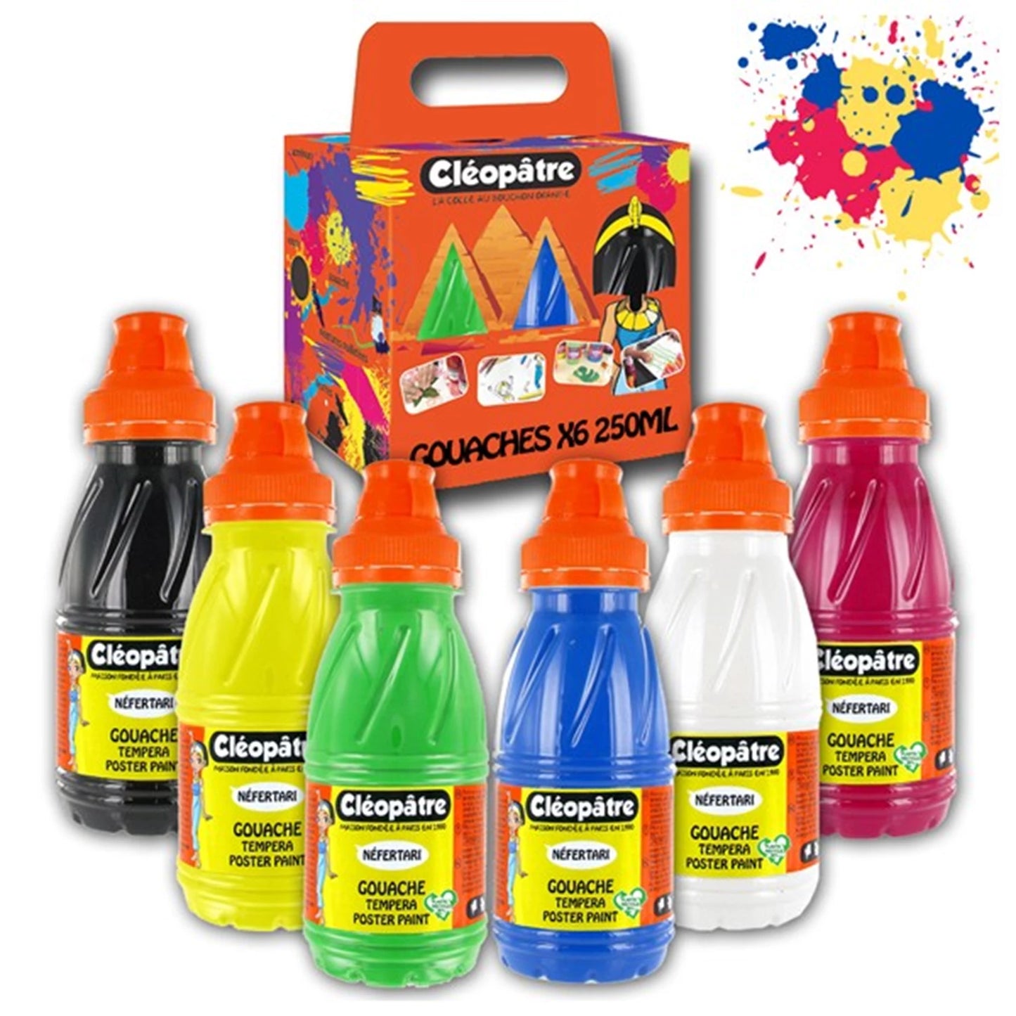 6 GOUACHES 250ML BLANC, JAUNE, MAGENTA, VERT, BLEU, NOIR