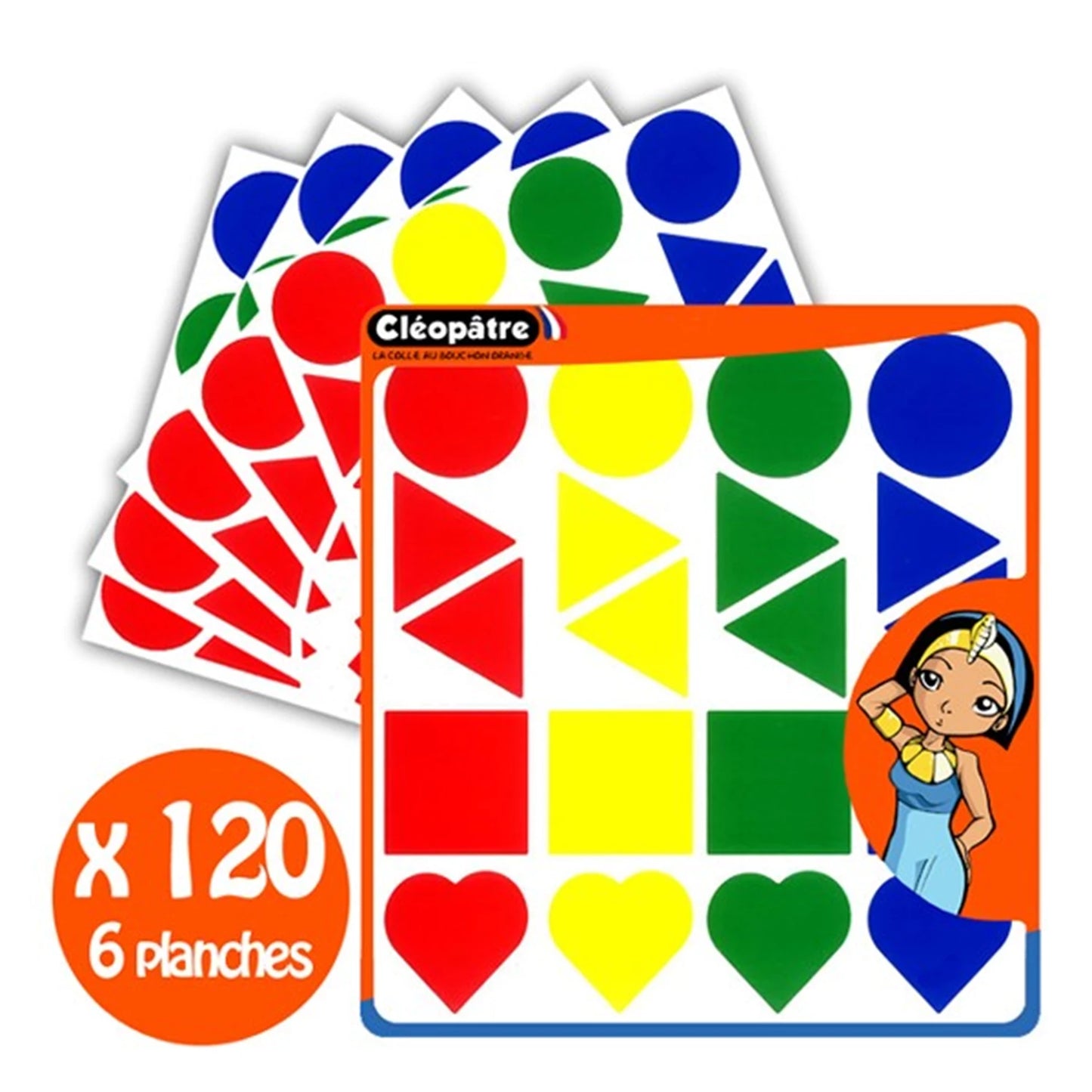 120 GRANDS AUTOCOLLANTS, 45 MM, 4 FORMES, 4 COULEURS