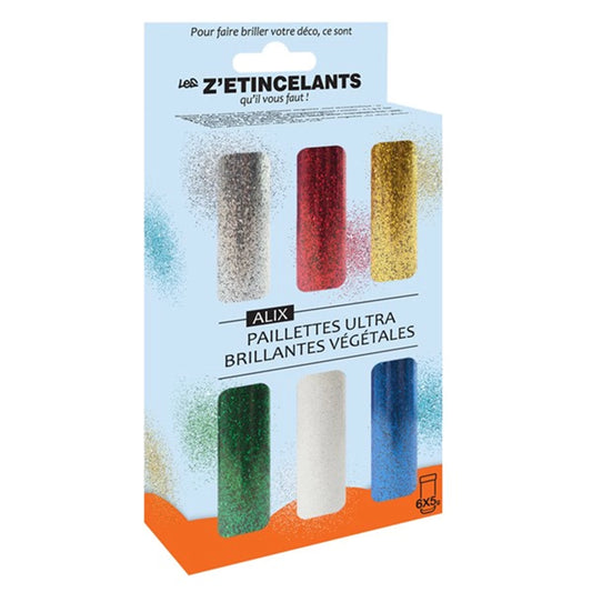 6 pots de paillettes pour plantes de 5 g (OR, ARGENT, ROUGE, VERT, BLEU)