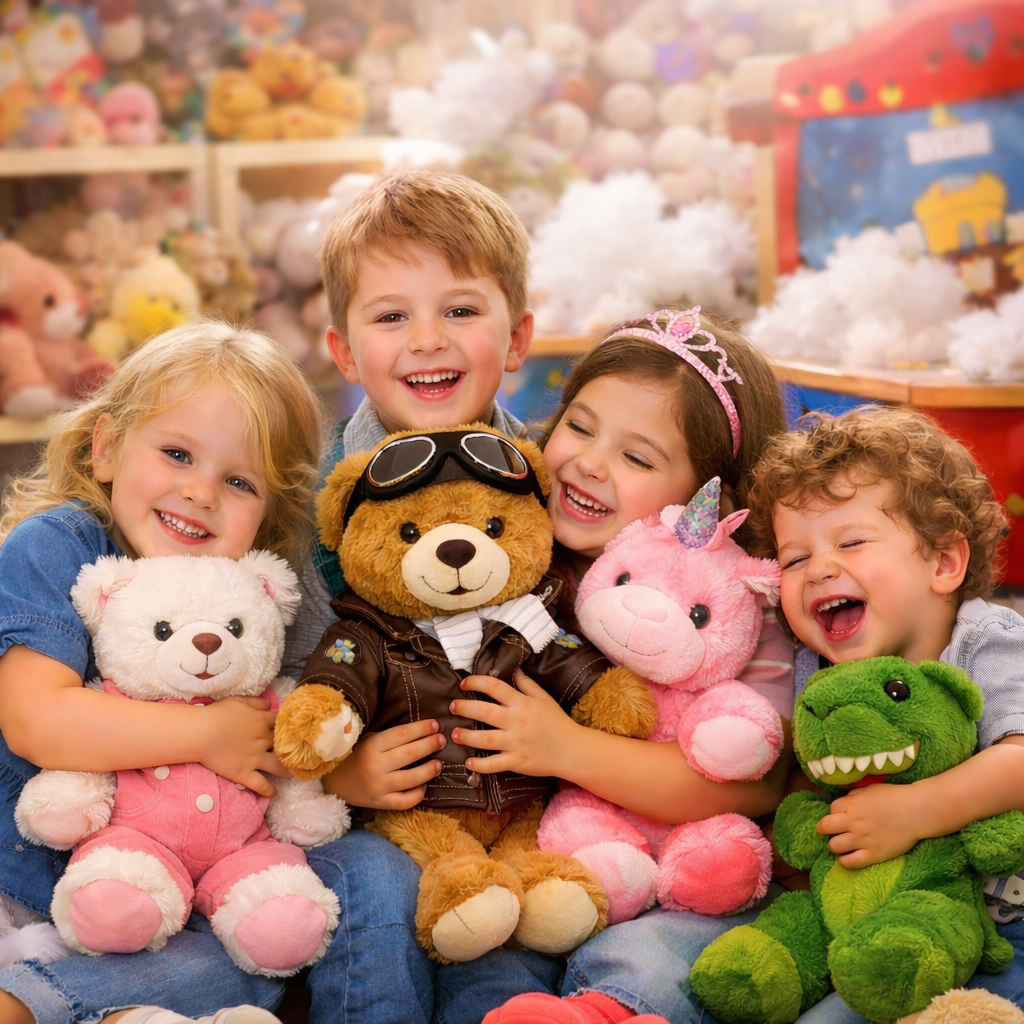 Bambini felici abbracciano i peluche nel negozio TeddySpiel