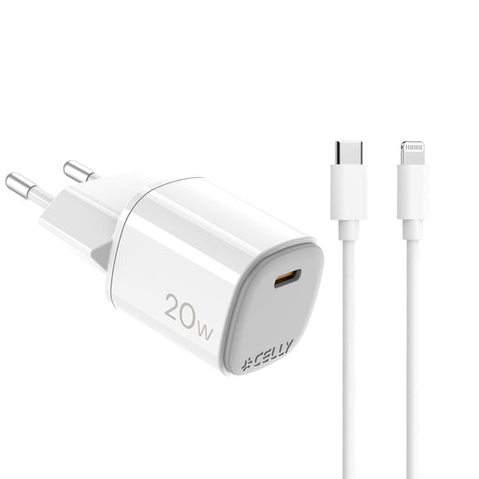 REISELADEGERÄT 20W MIT USB-C- UND LIGHTNING-KABELN WEISS - CELLY