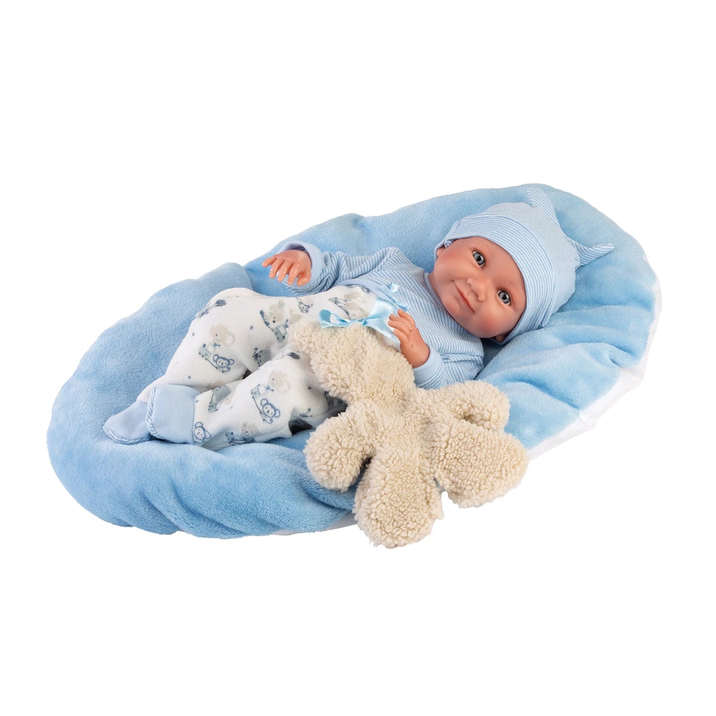 PUPPE NICO MIT BLAUEM KISSEN, 40 CM