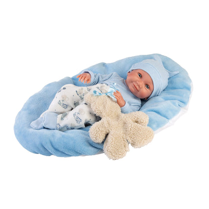 PUPPE NICO MIT BLAUEM KISSEN, 40 CM