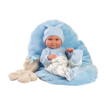 PUPPE NICO MIT BLAUEM KISSEN, 40 CM