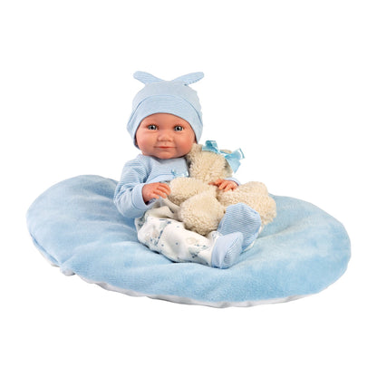 PUPPE NICO MIT BLAUEM KISSEN, 40 CM