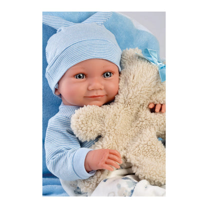 PUPPE NICO MIT BLAUEM KISSEN, 40 CM