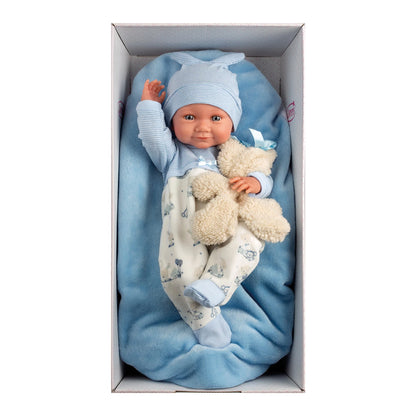 PUPPE NICO MIT BLAUEM KISSEN, 40 CM