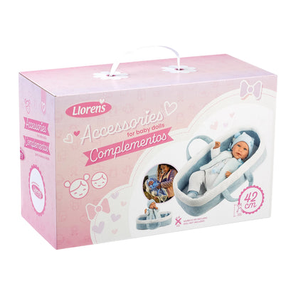 PUPPENTRAGETASCHE UND BLAUER OVERALL 42 CM