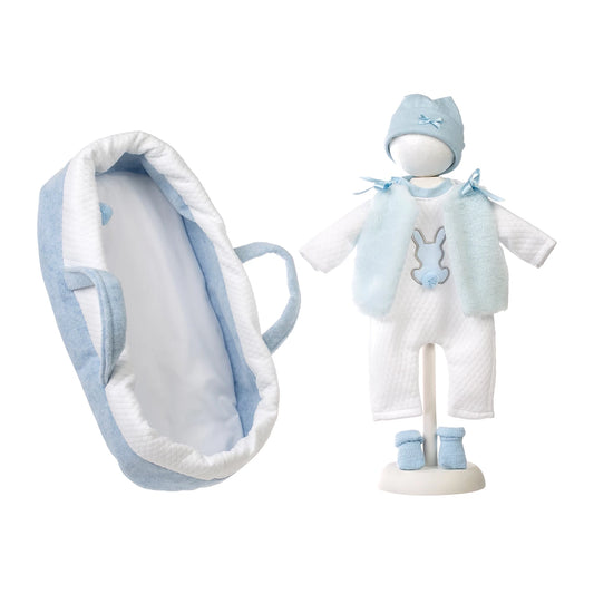 PUPPENTRAGETASCHE UND BLAUER OVERALL 42 CM