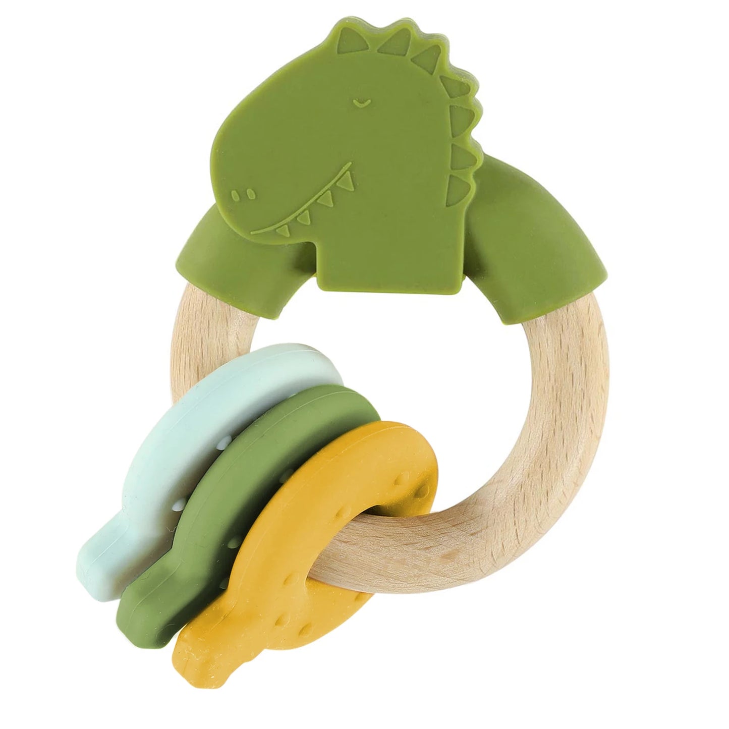 BEISSRING AUS HOLZ UND SILIKON IN DINOSAURIERFORM