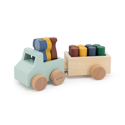 HOLZAUTO MIT ANHÄNGER UND TIEREN