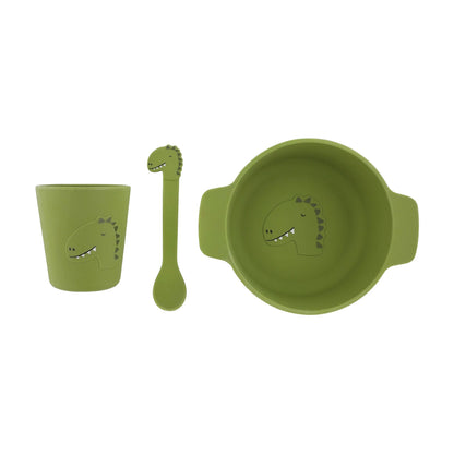 SILIKON-GESCHIRR FÜR KINDER, 3-TEILIGES SET, DINOSAURIER-DESIGN