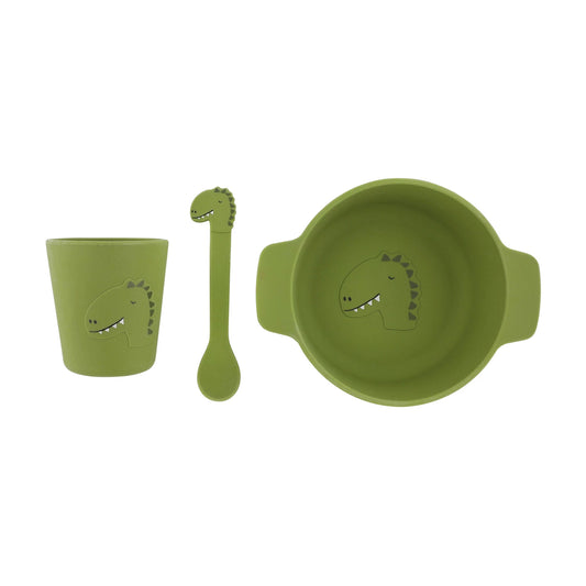 SILIKON-GESCHIRR FÜR KINDER, 3-TEILIGES SET, DINOSAURIER-DESIGN