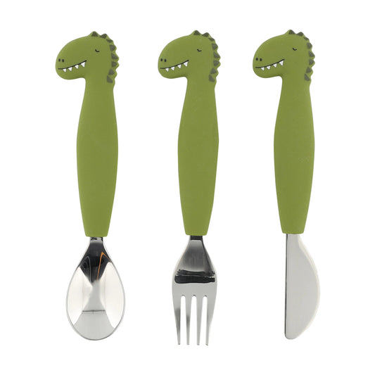 KINDERBESTECKKOMBINATION MIT SILIKONGRIFF, 3-TEILIGES DINOSAURIER-SET