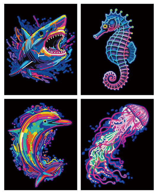 PITTURA A DIAMANTE CON ANIMALI MARINI AL NEON