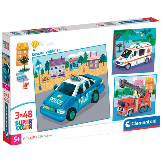 PUZZLE VÉHICULES D'URGENCE 3 × 48 PIÈCES – CLEMENTONI 🔶