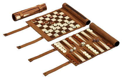 ENSEMBLE DE VOYAGE ÉCHECS, BACKGAMMON ET DAMES - SIMILI CUIR