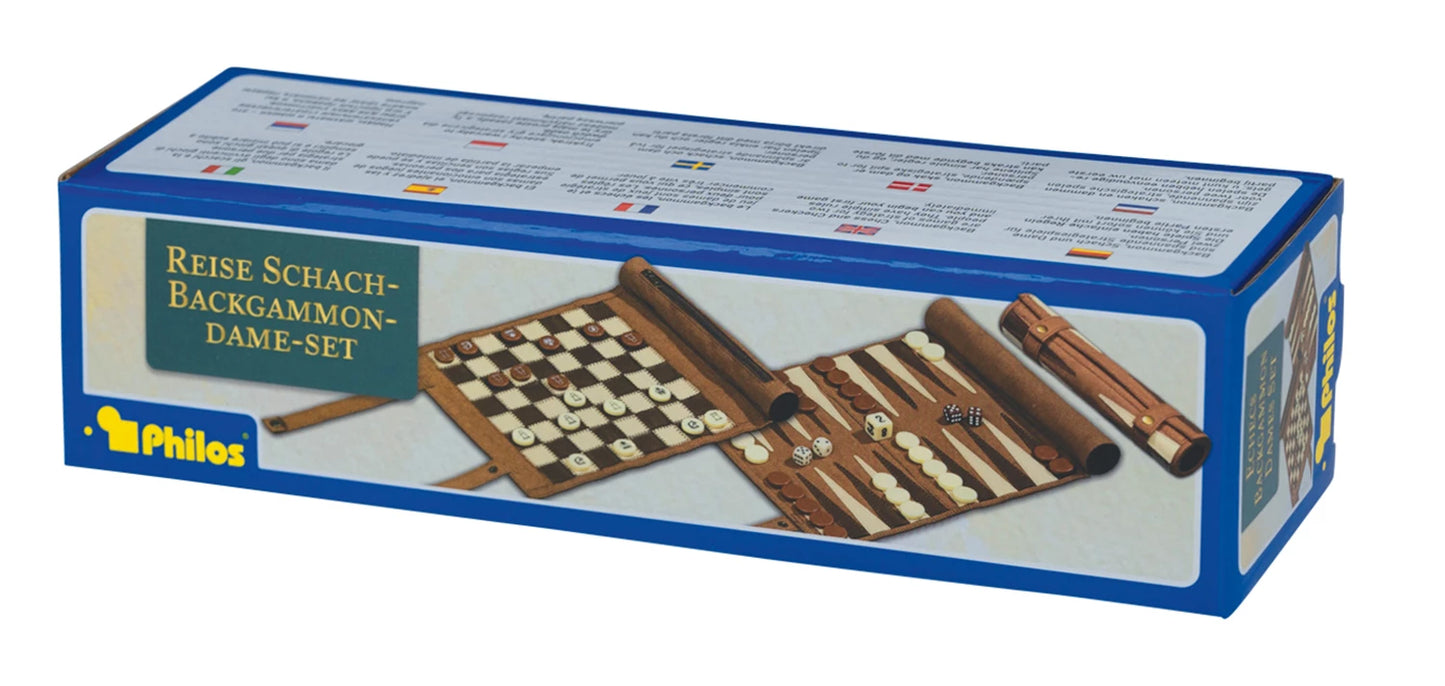 ENSEMBLE DE VOYAGE ÉCHECS, BACKGAMMON ET DAMES - SIMILI CUIR