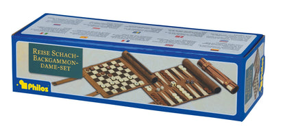 ENSEMBLE DE VOYAGE ÉCHECS, BACKGAMMON ET DAMES - SIMILI CUIR