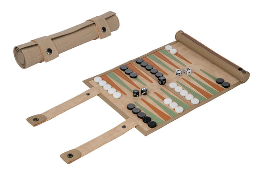 BACKGAMMON DE VOYAGE, PLATEAU DE JEU ENROULABLE, CUIR SYNTHÉTIQUE