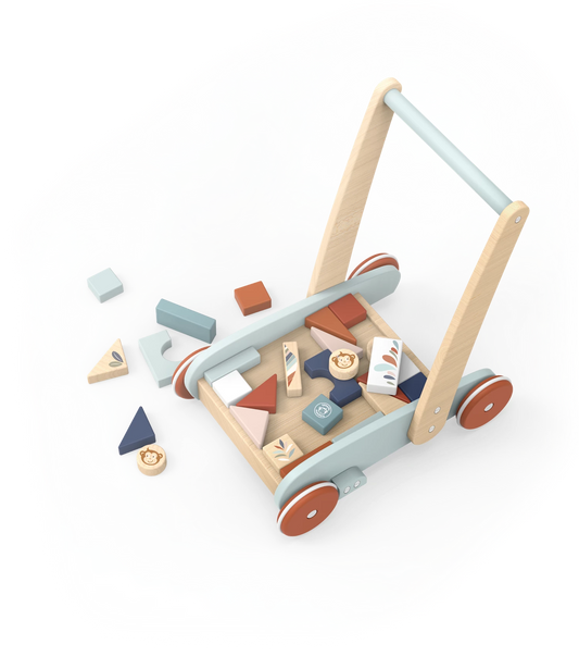 CHARIOT DE MARCHE AVEC BRIQUES EN BOIS, 27 PIÈCES