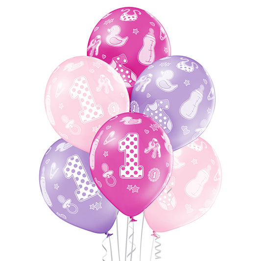 6 ROSAFARBENE LUFTBALLONS, ZAHL 1, 27,5 CM 🔶