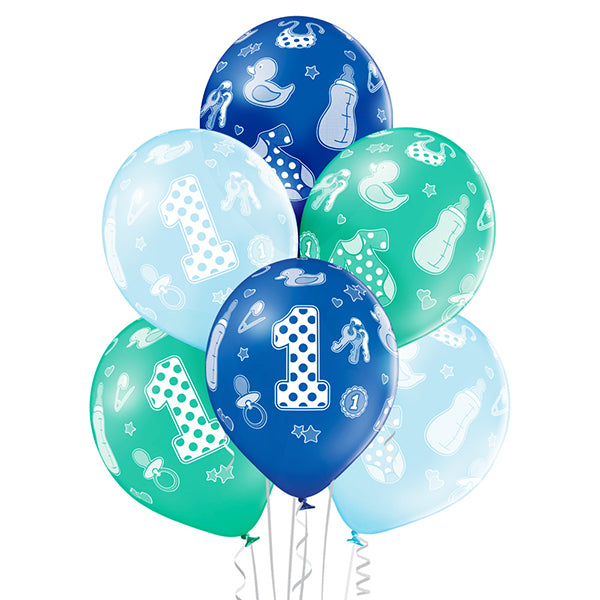 6 BLAUE BALLONS, ZAHL 1, 27,5 CM 🔶