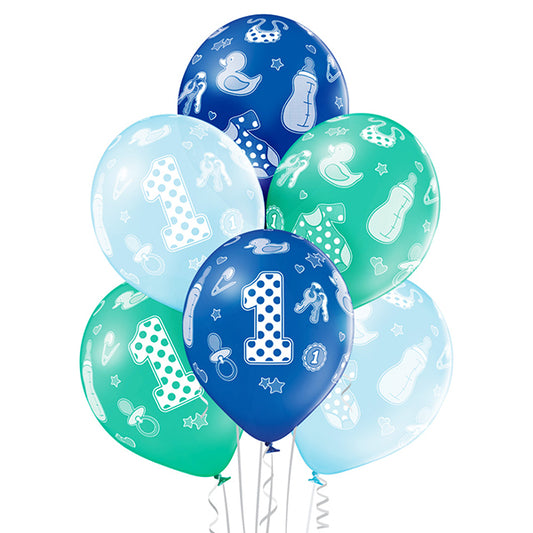 6 BLAUE BALLONS, ZAHL 1, 27,5 CM 🔶