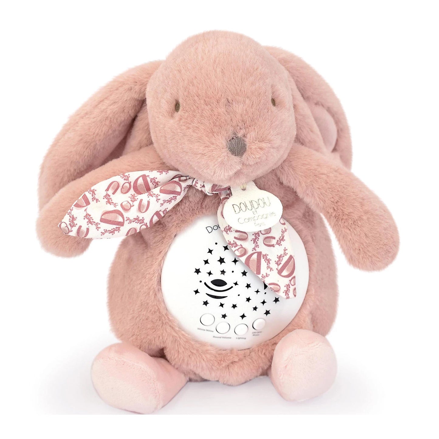 VEILLEUSE AVEC ÉTOILES ET MUSIQUE, LAPIN ROSE, 19 CM