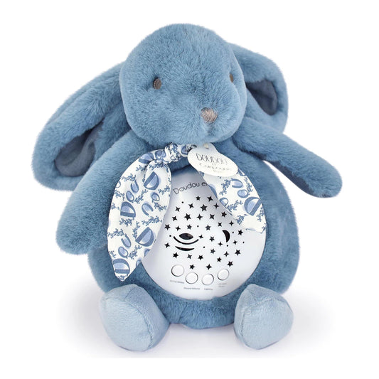 LUCE NOTTURNA CON STELLE E MUSICA, CONIGLIO BLU, 19 CM