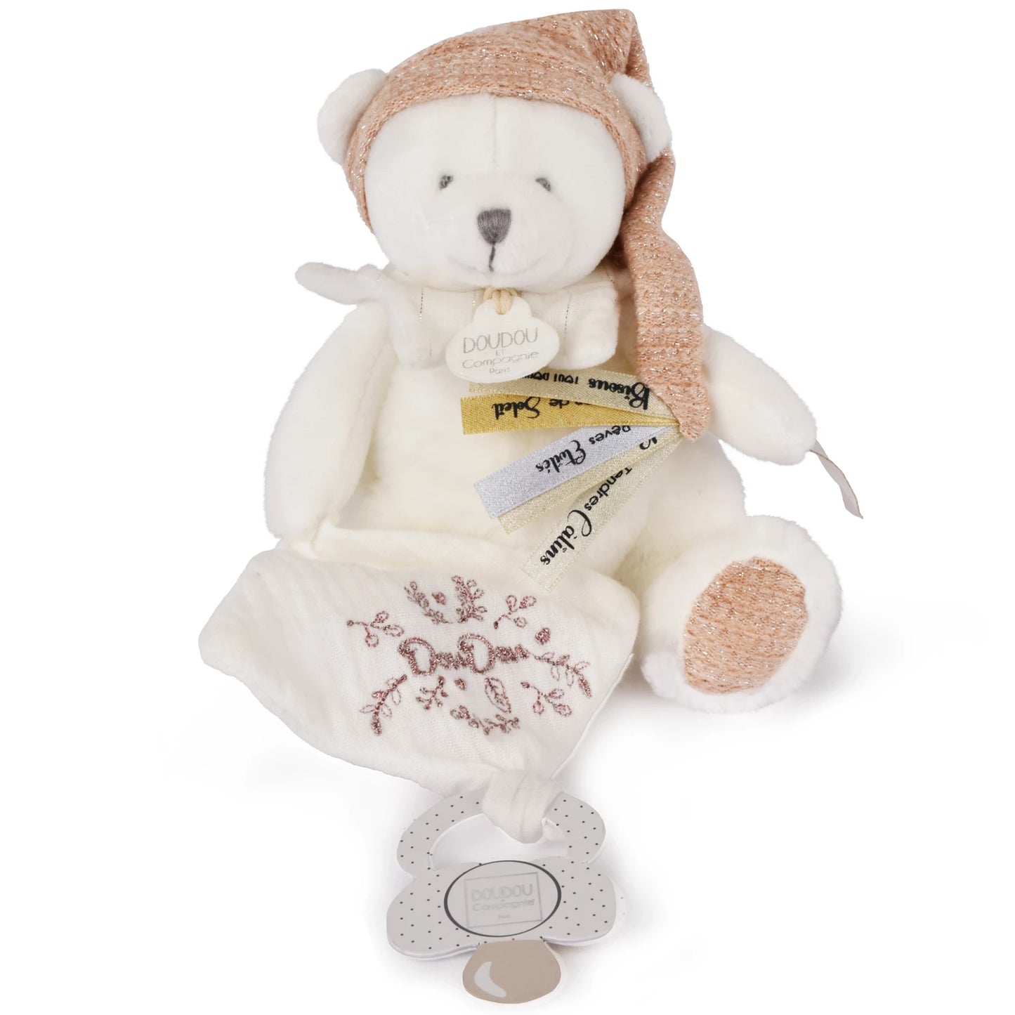 OURSON PORTE-SUCETTE, OR ROSE, 20 CM