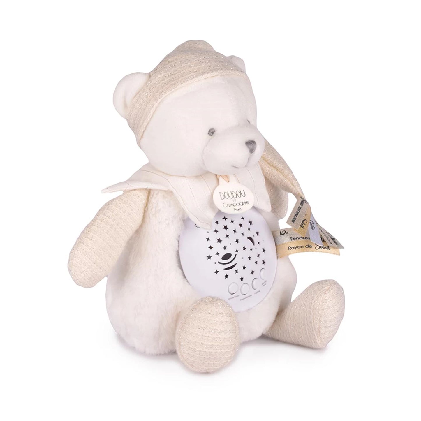 VEILLEUSE ÉTOILES ET MUSIQUE, OURS BLANC, 19 CM