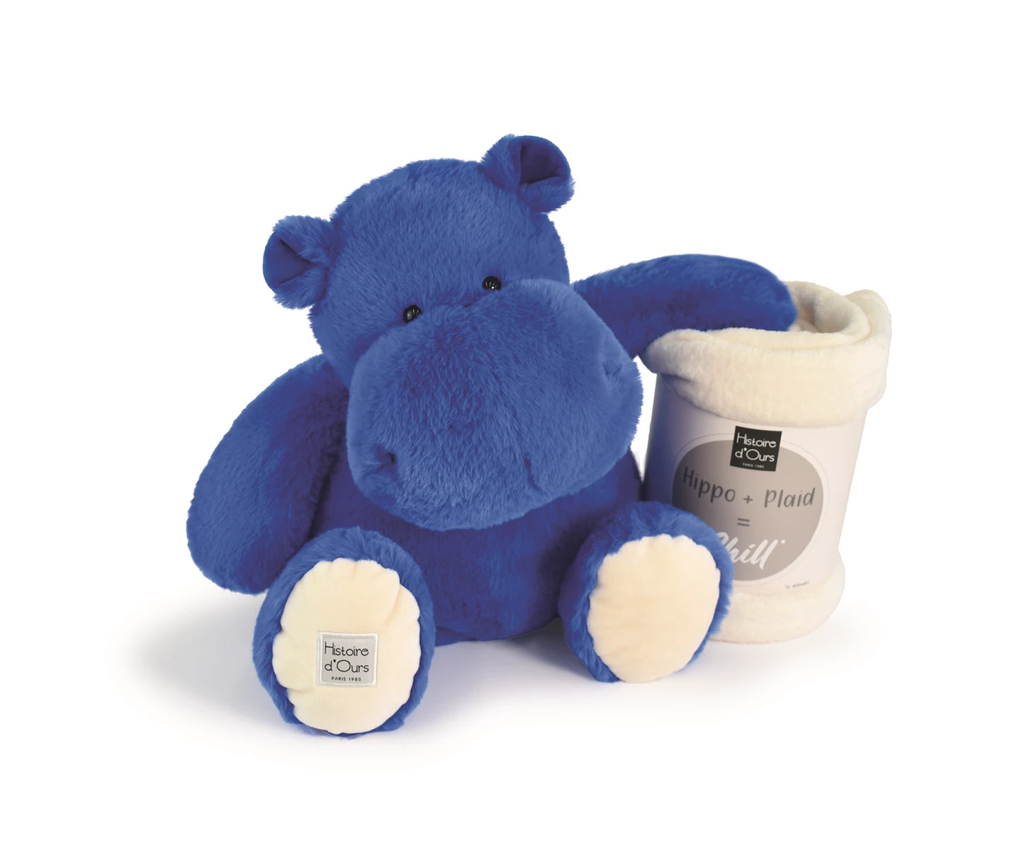 HIPPOPOTAME AVEC COUVERTURE DOUCE, BLEUE, 45 CM