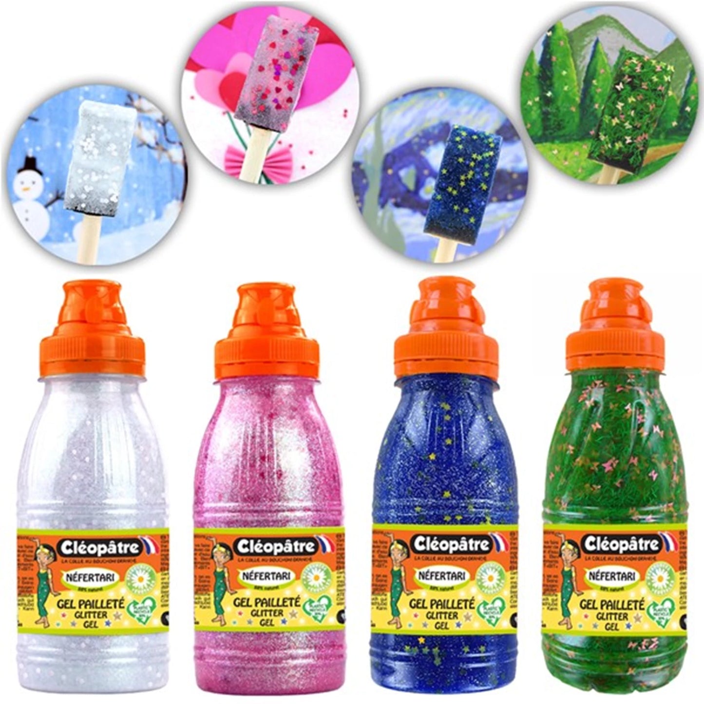 LOT DE 4 GELS PAILLETTÉS DÉCORATIFS DE 250 ML (CŒURS, PRÉ, NEIGE,