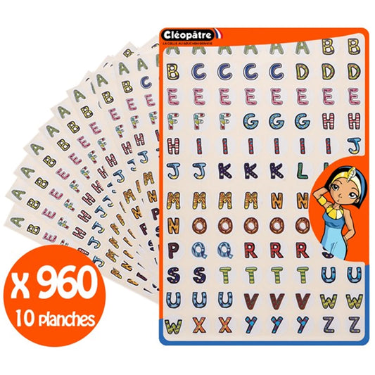 960 FARBIGE ALPHABET-AUFKLEBER, 10 DIN A4-BÖGEN, ABZIEHBAR UND AUSWERFBAR