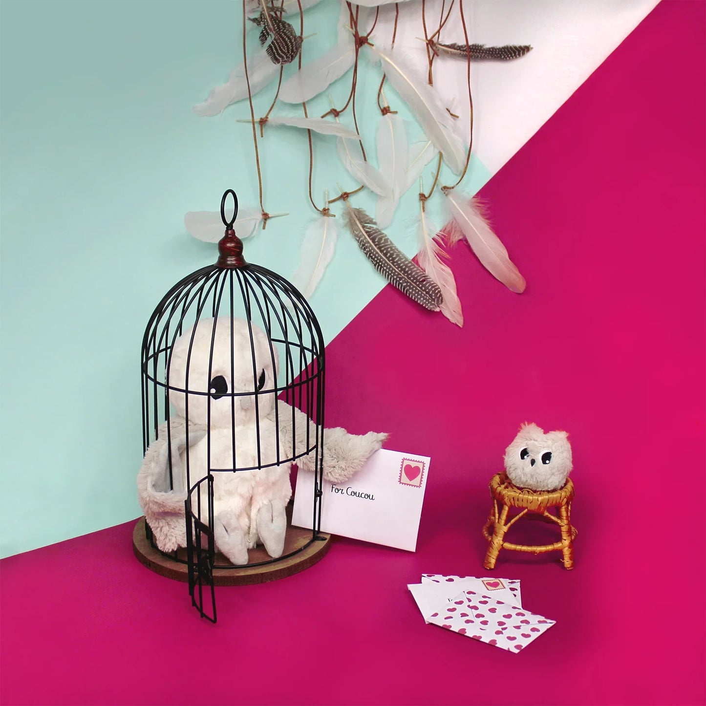 HIBOU MAMAN ET BÉBÉ BLANC