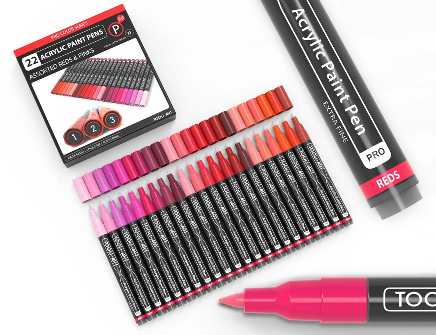 COFFRET DE MARQUEURS ACRYLIQUES TOOLI ROUGE 22 UNITÉS POINTE FINE 0,7MM