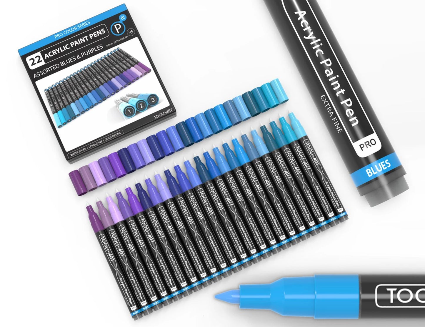 SET DE STYLOS ACRYLIQUES BLEUS TOOLI 22 MARQUEURS EF 07MM