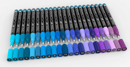 SET DE STYLOS ACRYLIQUES BLEUS TOOLI 22 MARQUEURS EF 07MM