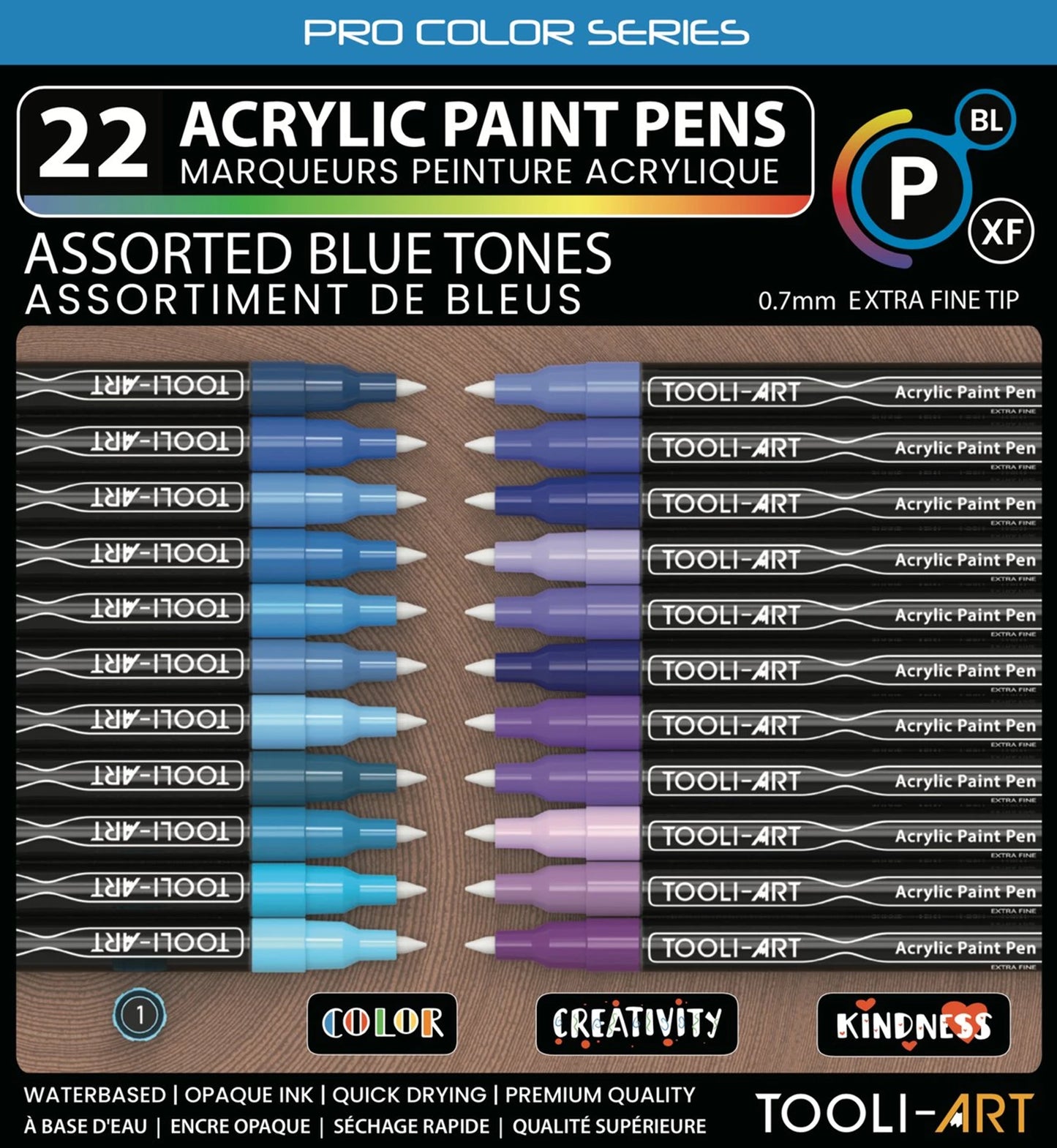 SET DE STYLOS ACRYLIQUES BLEUS TOOLI 22 MARQUEURS EF 07MM