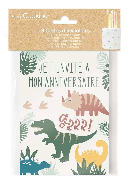 8 CARTONS D'INVITATION EN FORME DE DINOSAURE