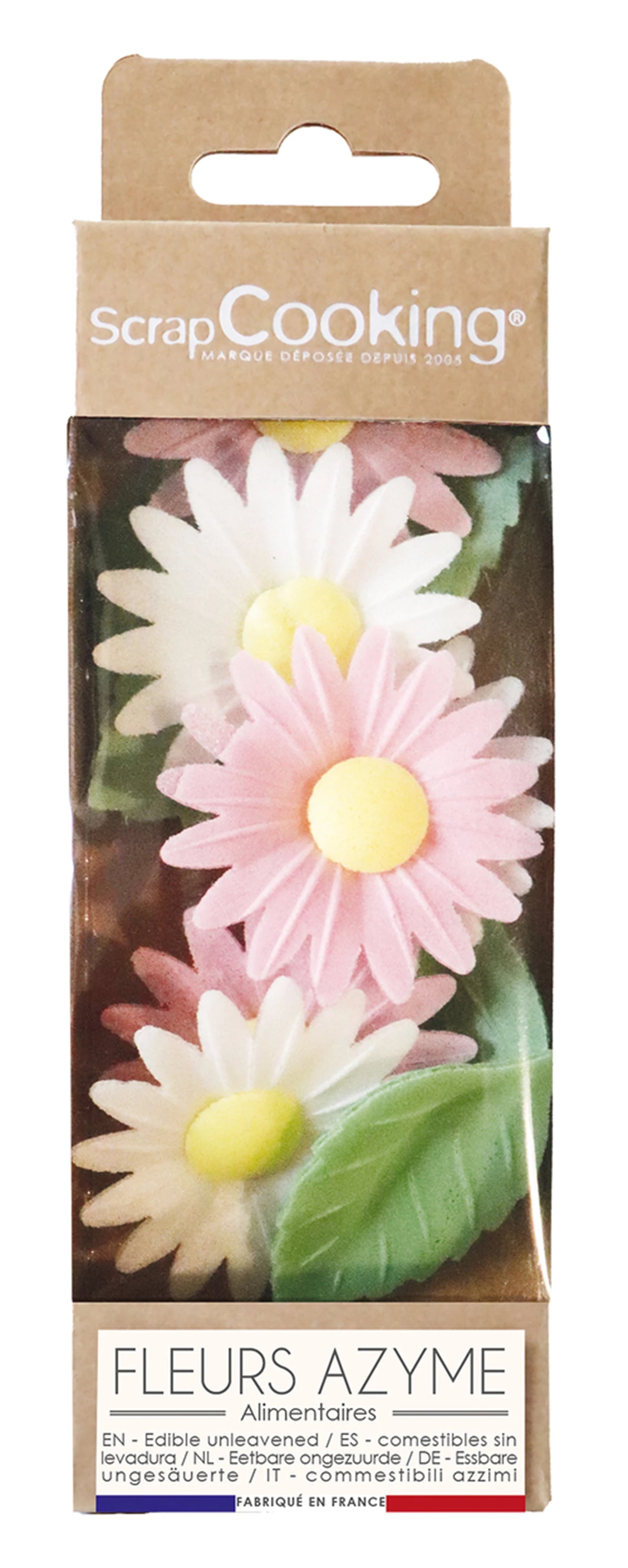 DÉCOR EN AZYME. MARGUERITES (6 PIÈCES) ET FEUILLES VERTES (6 PIÈCES).