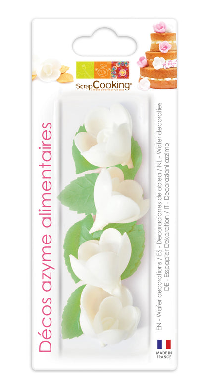 DECORAZIONE IN WAFER. ROSE BIANCHE 4 PEZZI E FOGLIE DORATE 6 PEZZI.