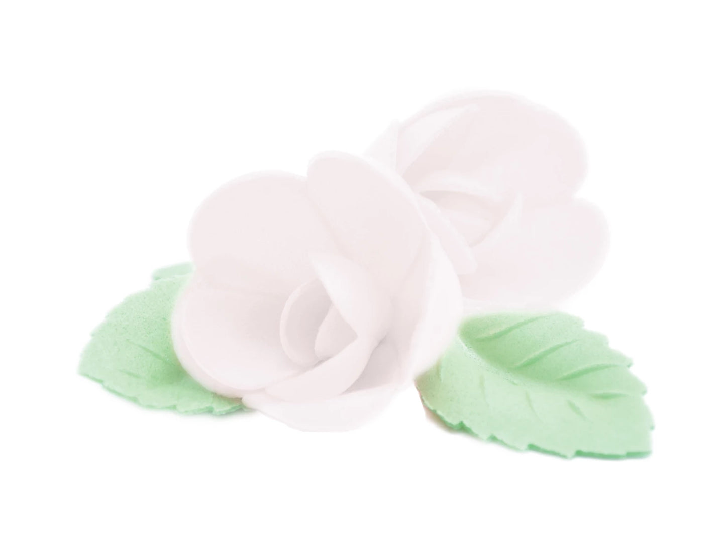DECORAZIONE IN WAFER. ROSE BIANCHE 4 PEZZI E FOGLIE DORATE 6 PEZZI.