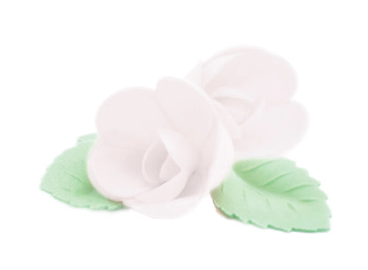 DECORAZIONE IN WAFER. ROSE BIANCHE 4 PEZZI E FOGLIE DORATE 6 PEZZI.